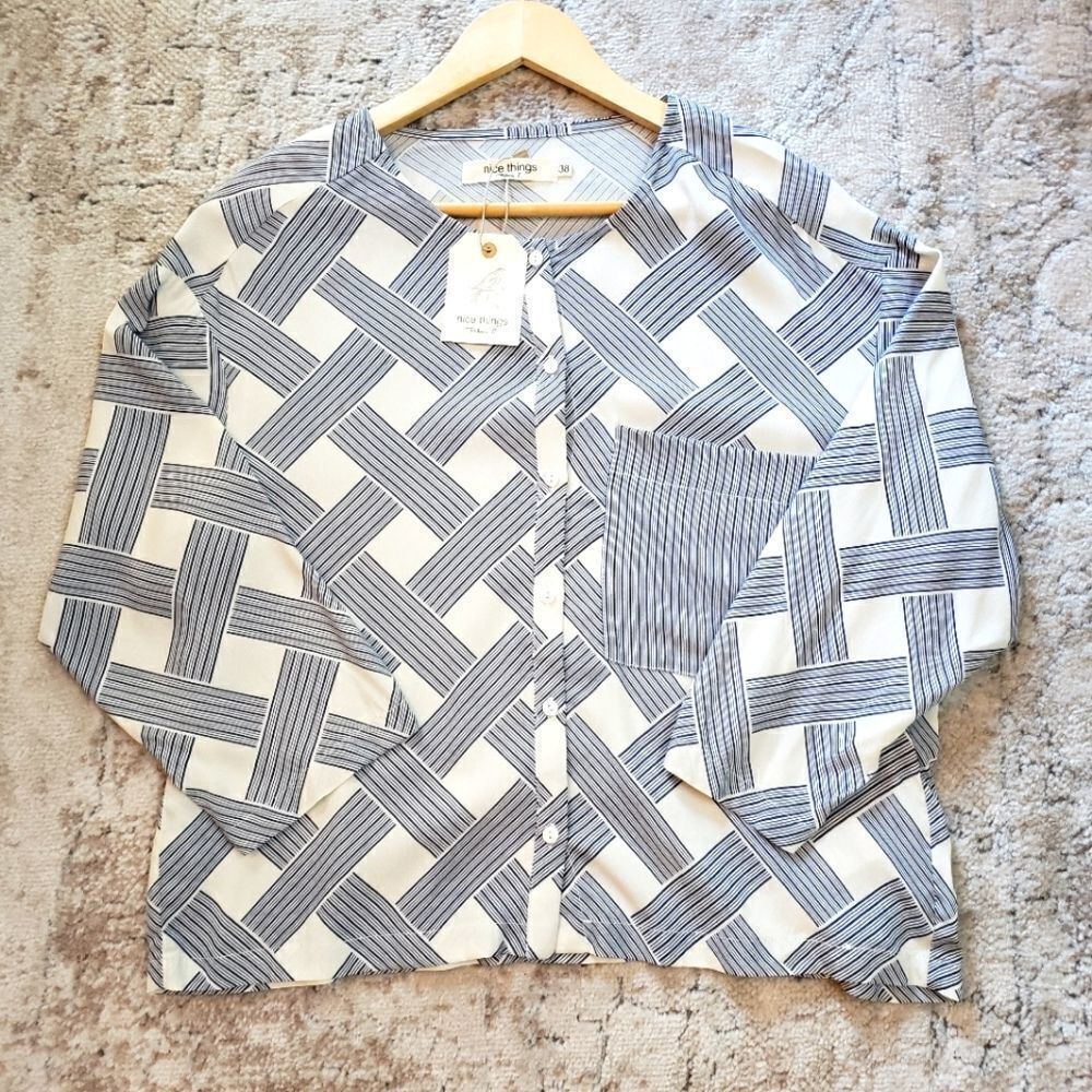 Nice Things Small Oversized Long Sleeve Print Cropped Button Up Top